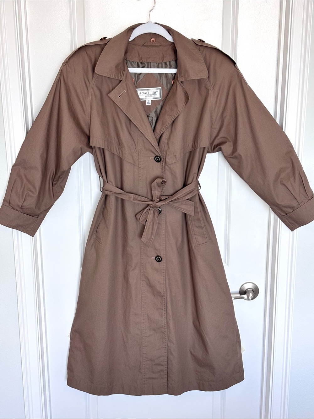 Vintage J Gallery Petite Cotton Trench Coat Belted Taupe Brown 10P Classic 90s